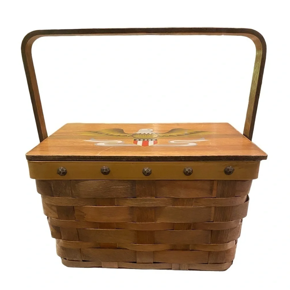 SCOVILL DRITZ Sewing Basket Wood Top Painted Eagle Vintage Made in Japan #91022